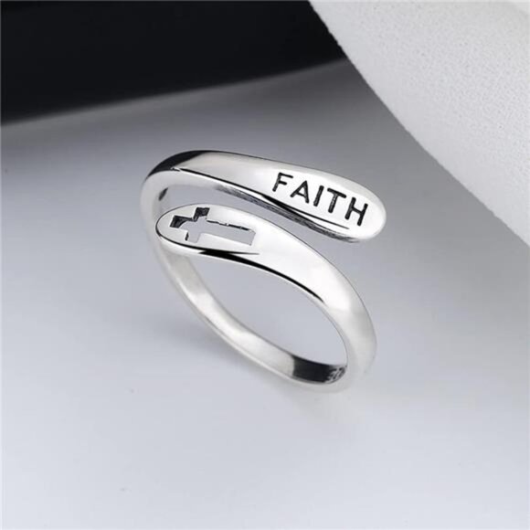 Faith Cross Sterling Silver Open Statement Rings Adjustable Minimalist Hope Love - Picture 4 of 7